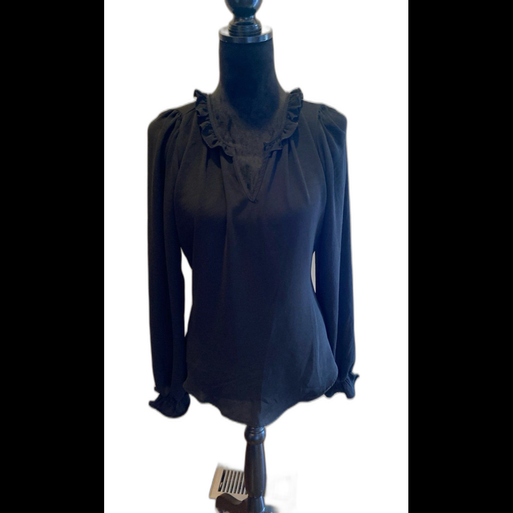 Blousology Blouse Size Large Black Ruffle‎ Neck & Cuffs Flowy Casual or Dressy
